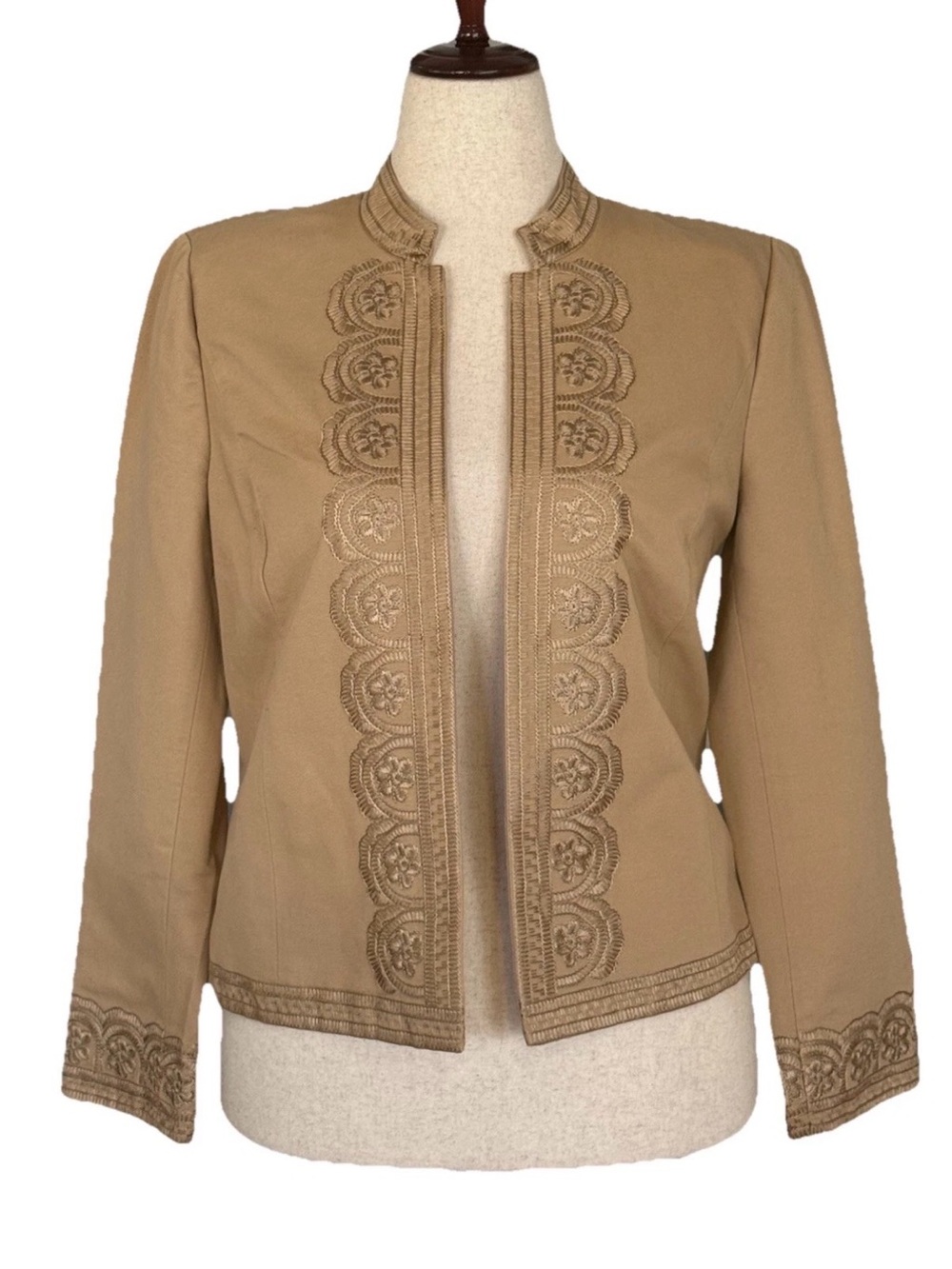 Peck & Peck Tan Embroidered Open-Front Jacket